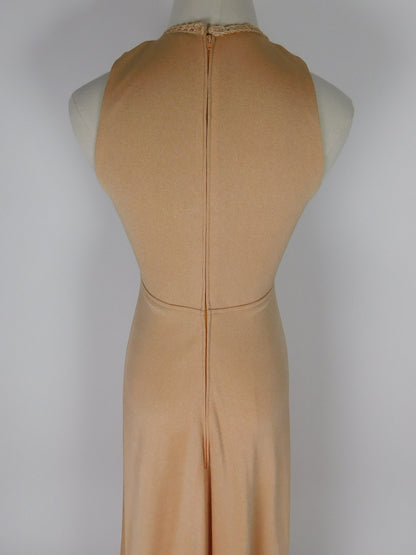 1970s Camel Slinky Knit Maxi Dress Beaded Boho Hippie Festival Gown