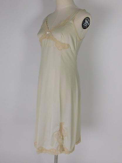Vintage 60s Pale Champagne Slip Dress with Beige Lace Trim