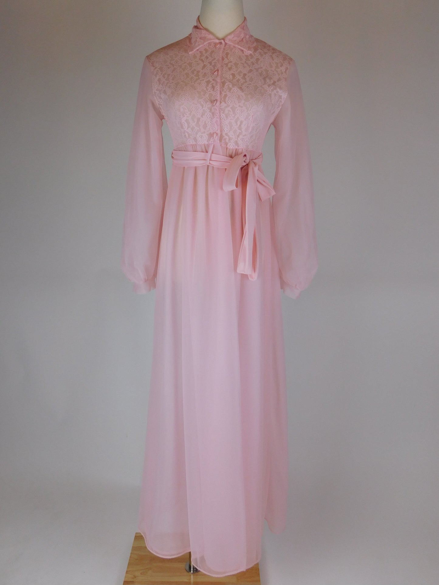 1970s Pink Lace Peignoir Gown Sheer Chiffon Romantic Vintage Nightgown