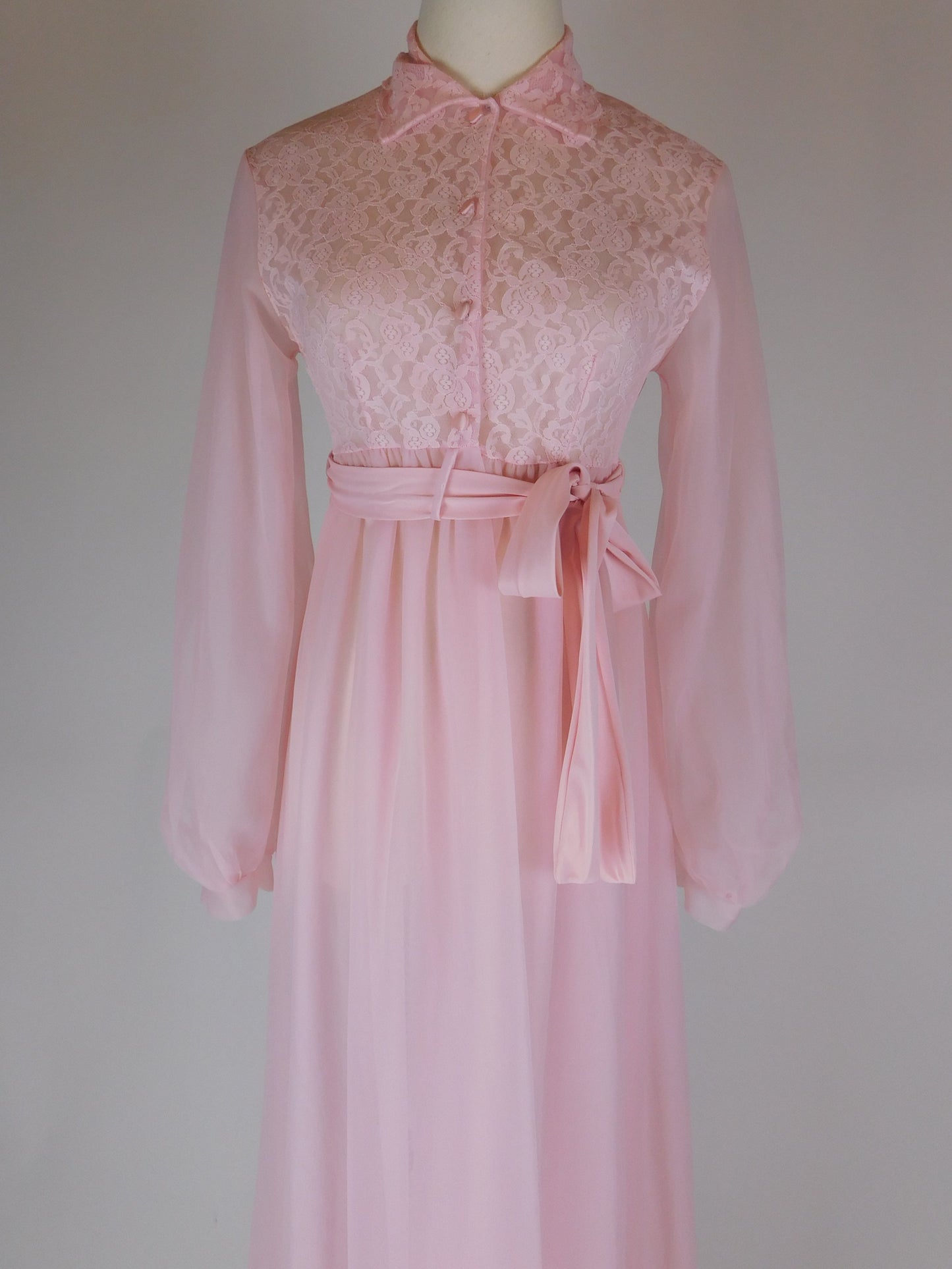 1970s Pink Lace Peignoir Gown Sheer Chiffon Romantic Vintage Nightgown