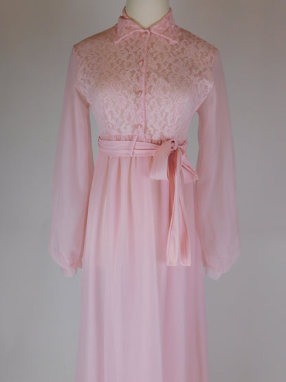 1970s Pink Lace Peignoir Gown Sheer Chiffon Romantic Vintage Nightgown