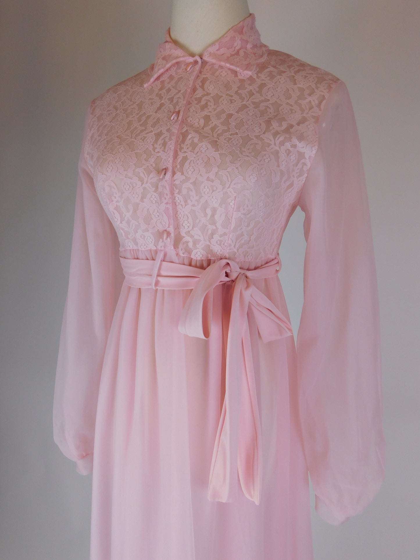 1970s Pink Lace Peignoir Gown Sheer Chiffon Romantic Vintage Nightgown
