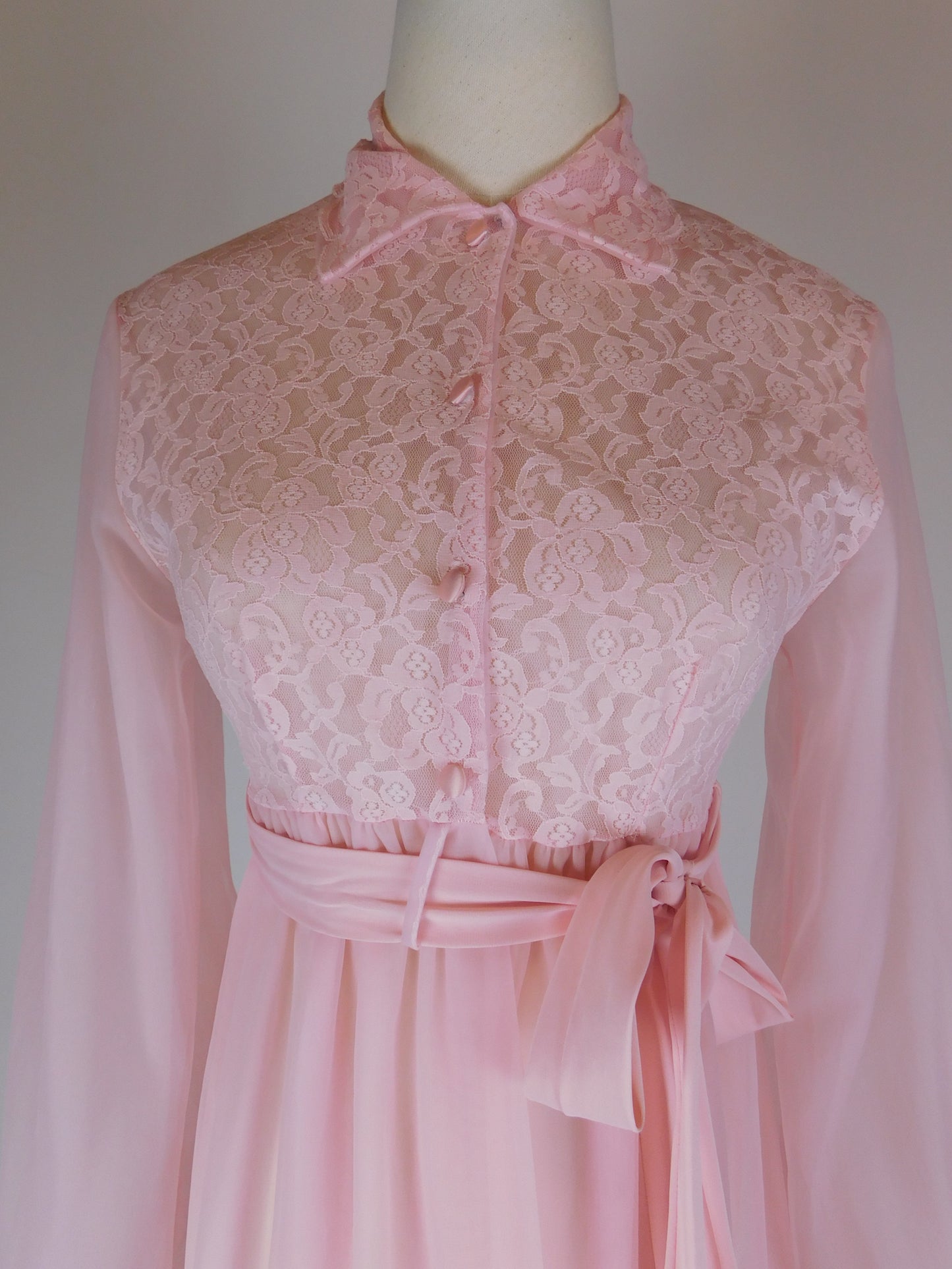 1970s Pink Lace Peignoir Gown Sheer Chiffon Romantic Vintage Nightgown