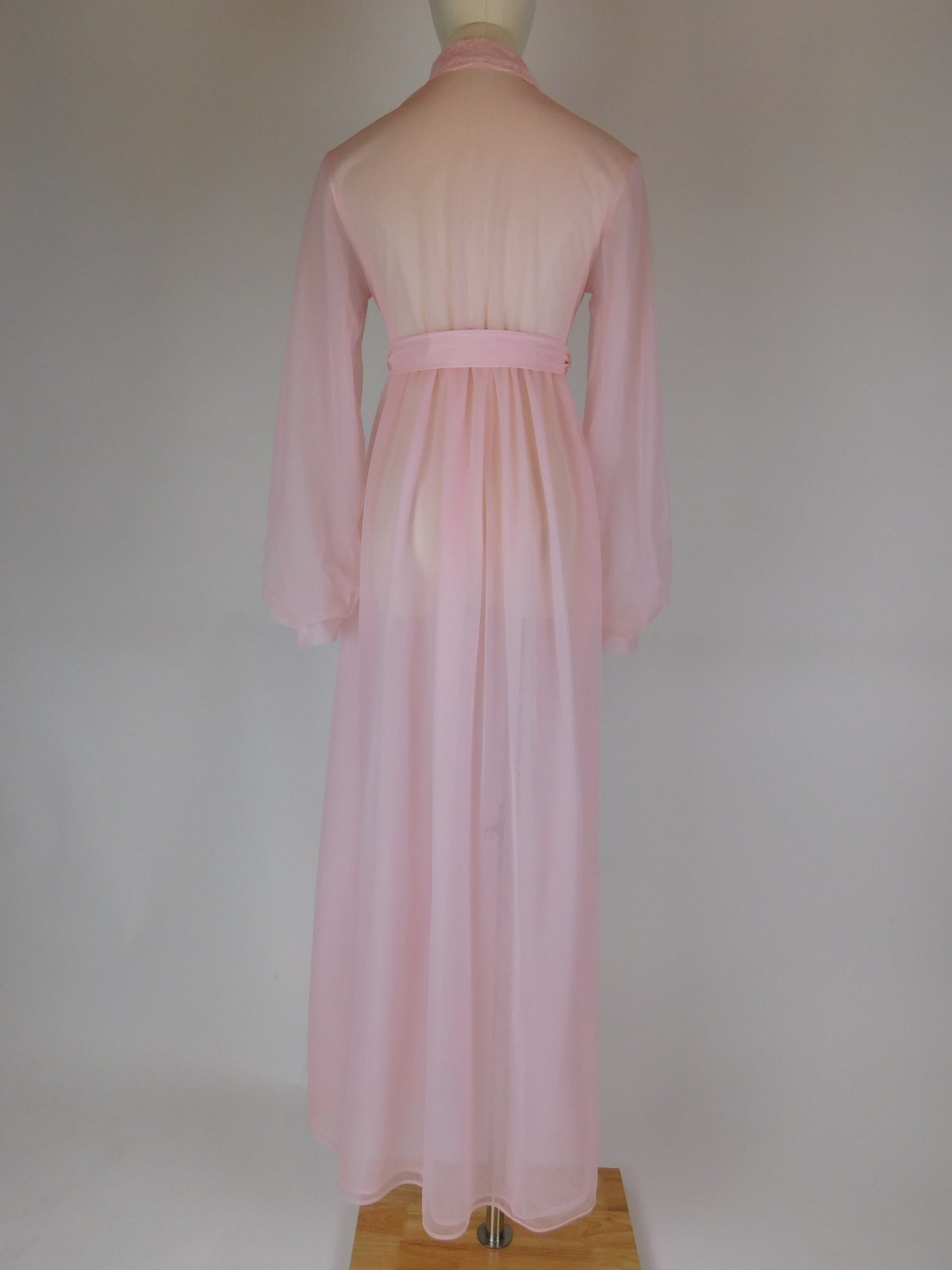 1970s Pink Lace Peignoir Gown Sheer Chiffon Romantic Vintage Nightgown