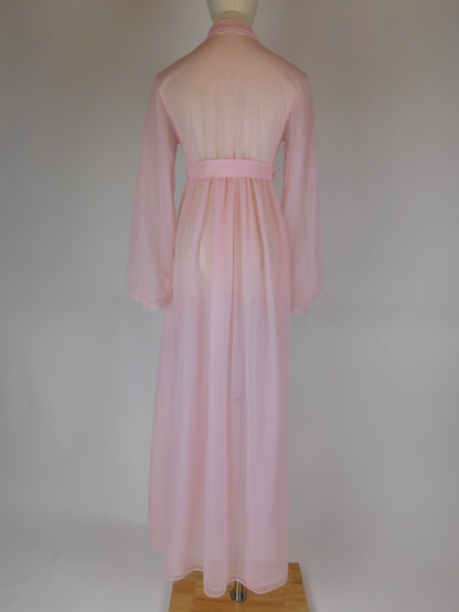 1970s Pink Lace Peignoir Gown Sheer Chiffon Romantic Vintage Nightgown