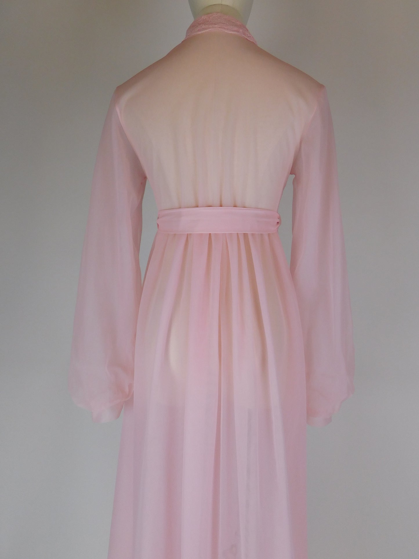 1970s Pink Lace Peignoir Gown Sheer Chiffon Romantic Vintage Nightgown