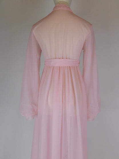 1970s Pink Lace Peignoir Gown Sheer Chiffon Romantic Vintage Nightgown