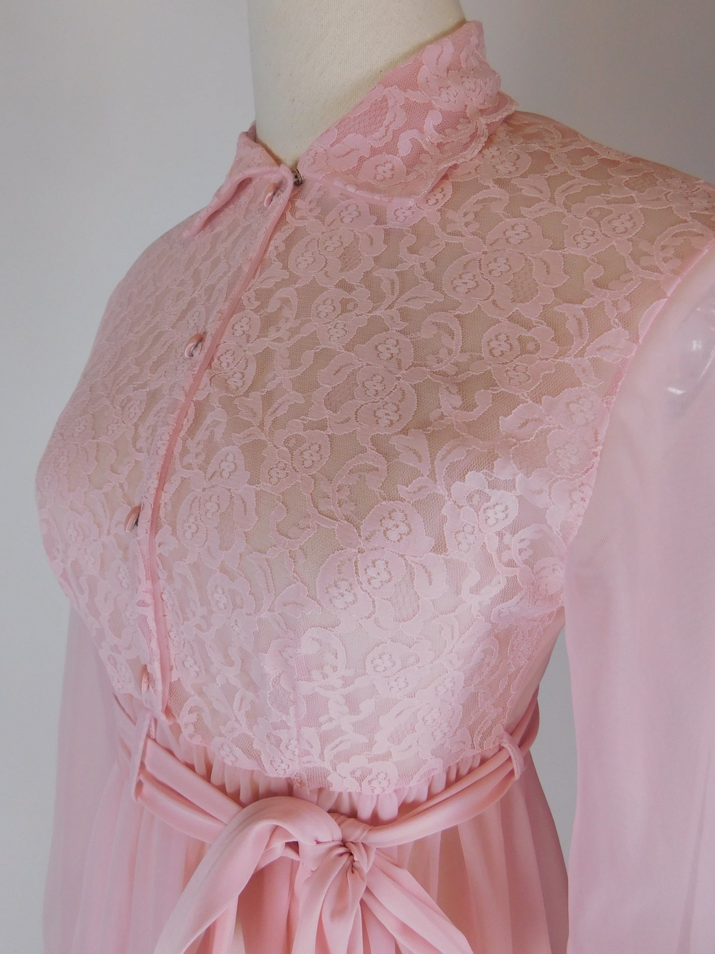 1970s Pink Lace Peignoir Gown Sheer Chiffon Romantic Vintage Nightgown