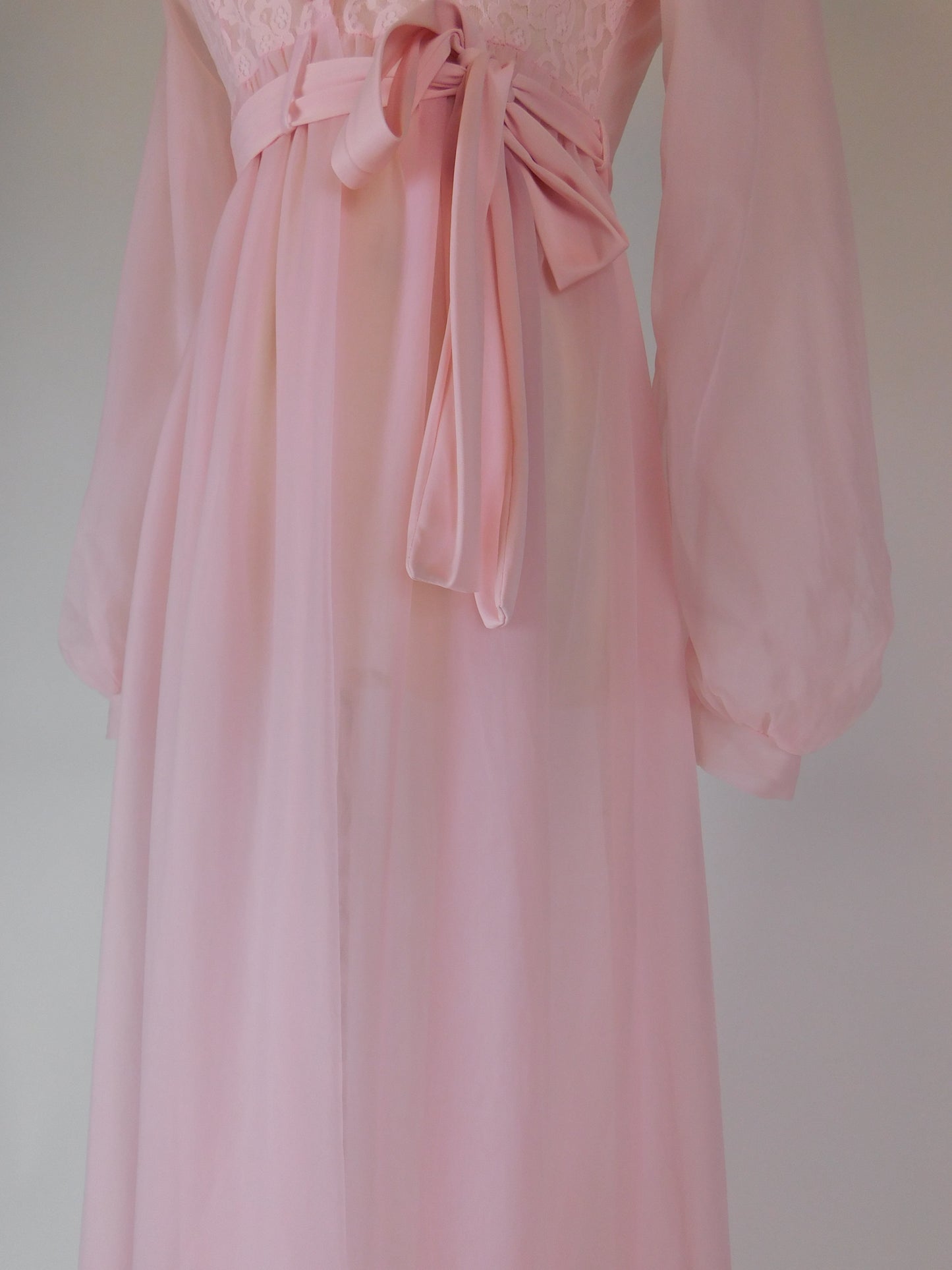 1970s Pink Lace Peignoir Gown Sheer Chiffon Romantic Vintage Nightgown