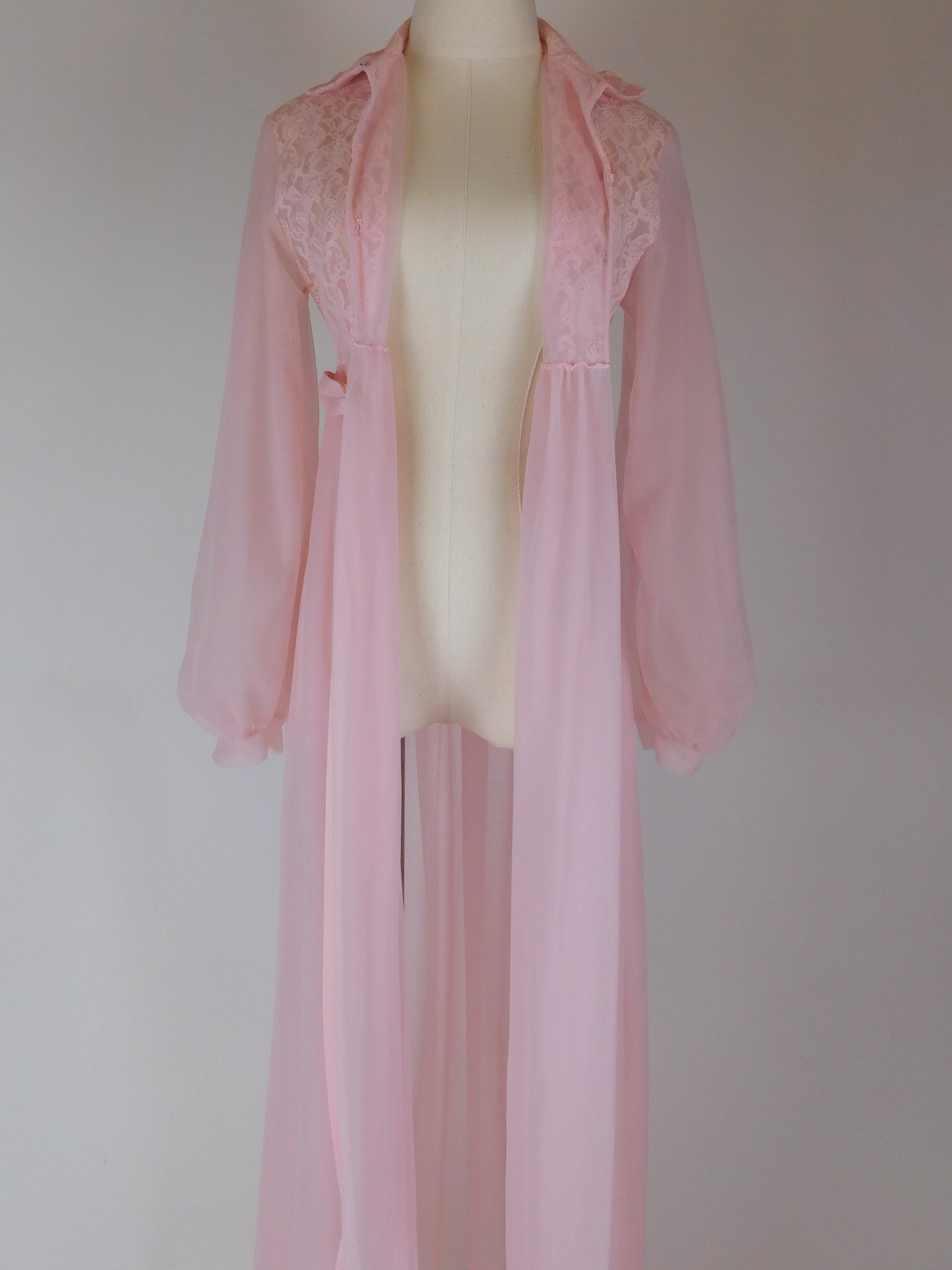1970s Pink Lace Peignoir Gown Sheer Chiffon Romantic Vintage Nightgown