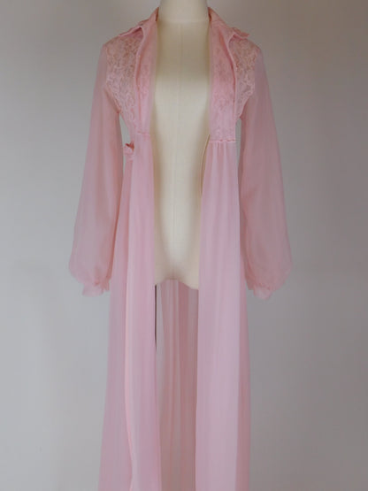 1970s Pink Lace Peignoir Gown Sheer Chiffon Romantic Vintage Nightgown