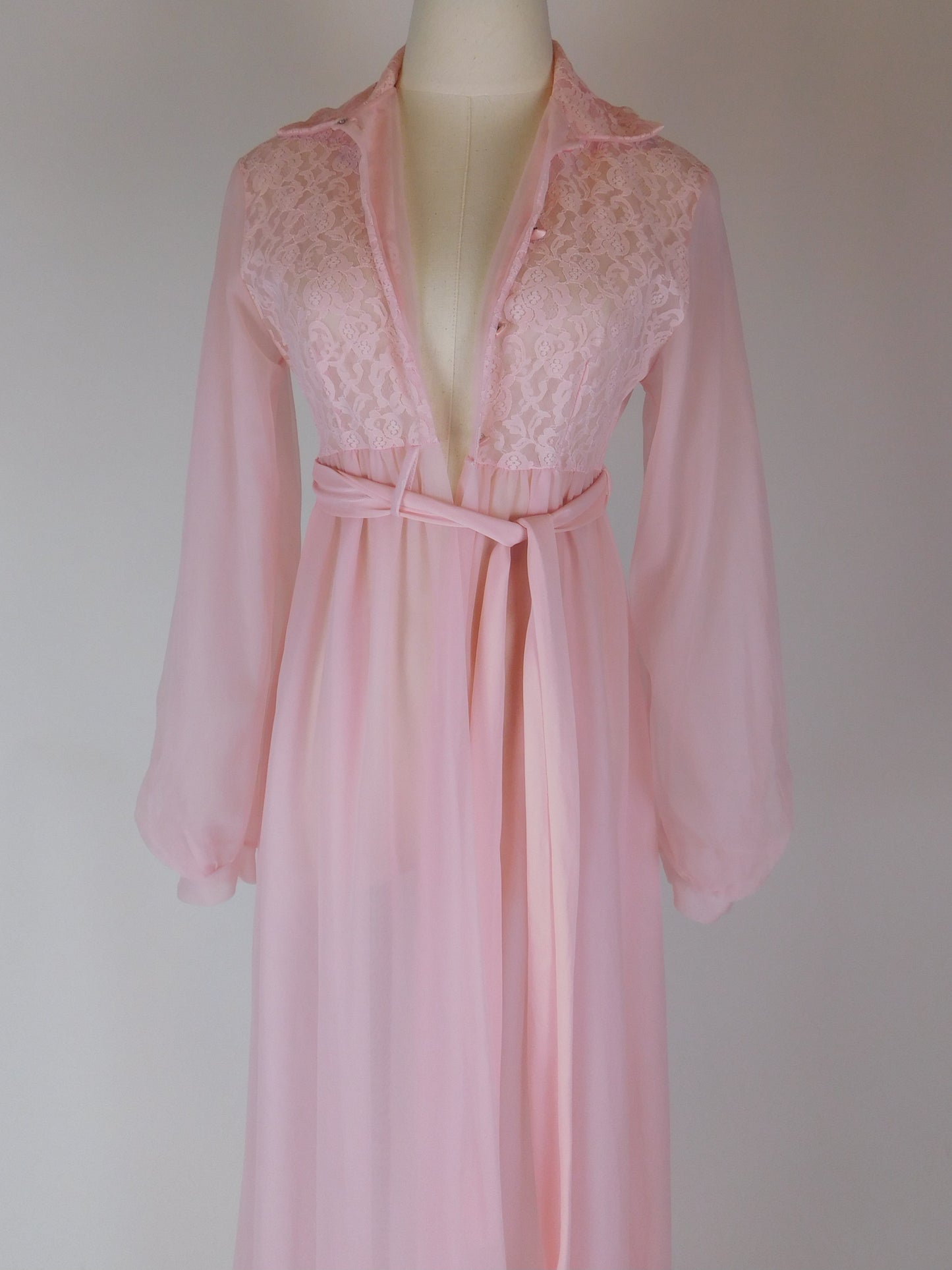 1970s Pink Lace Peignoir Gown Sheer Chiffon Romantic Vintage Nightgown