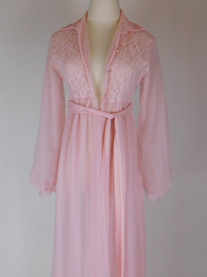 1970s Pink Lace Peignoir Gown Sheer Chiffon Romantic Vintage Nightgown