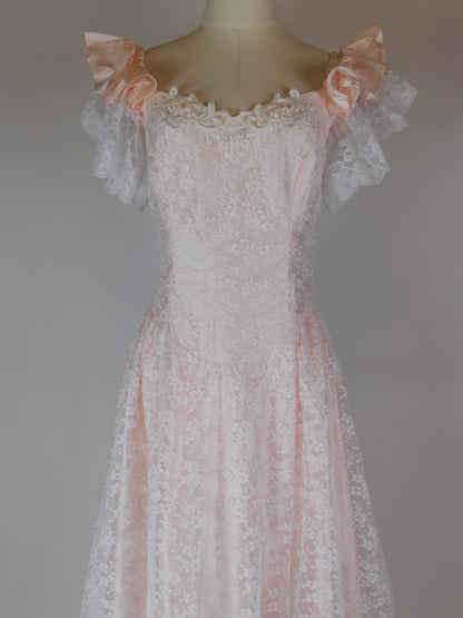 1970s Blush Pink Lace Fairytale Dress | Romantic Princess Gown