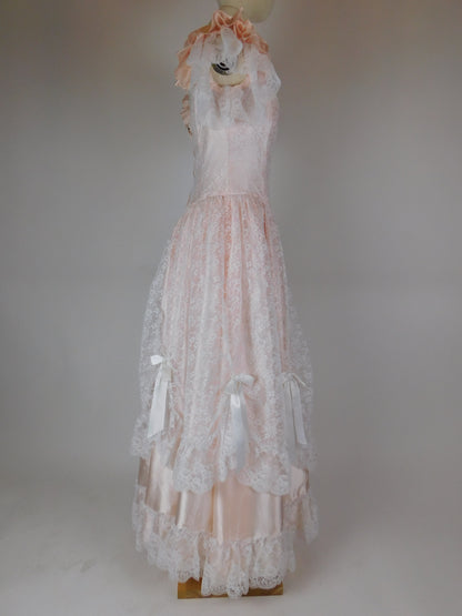 1970s Blush Pink Lace Fairytale Dress | Romantic Princess Gown