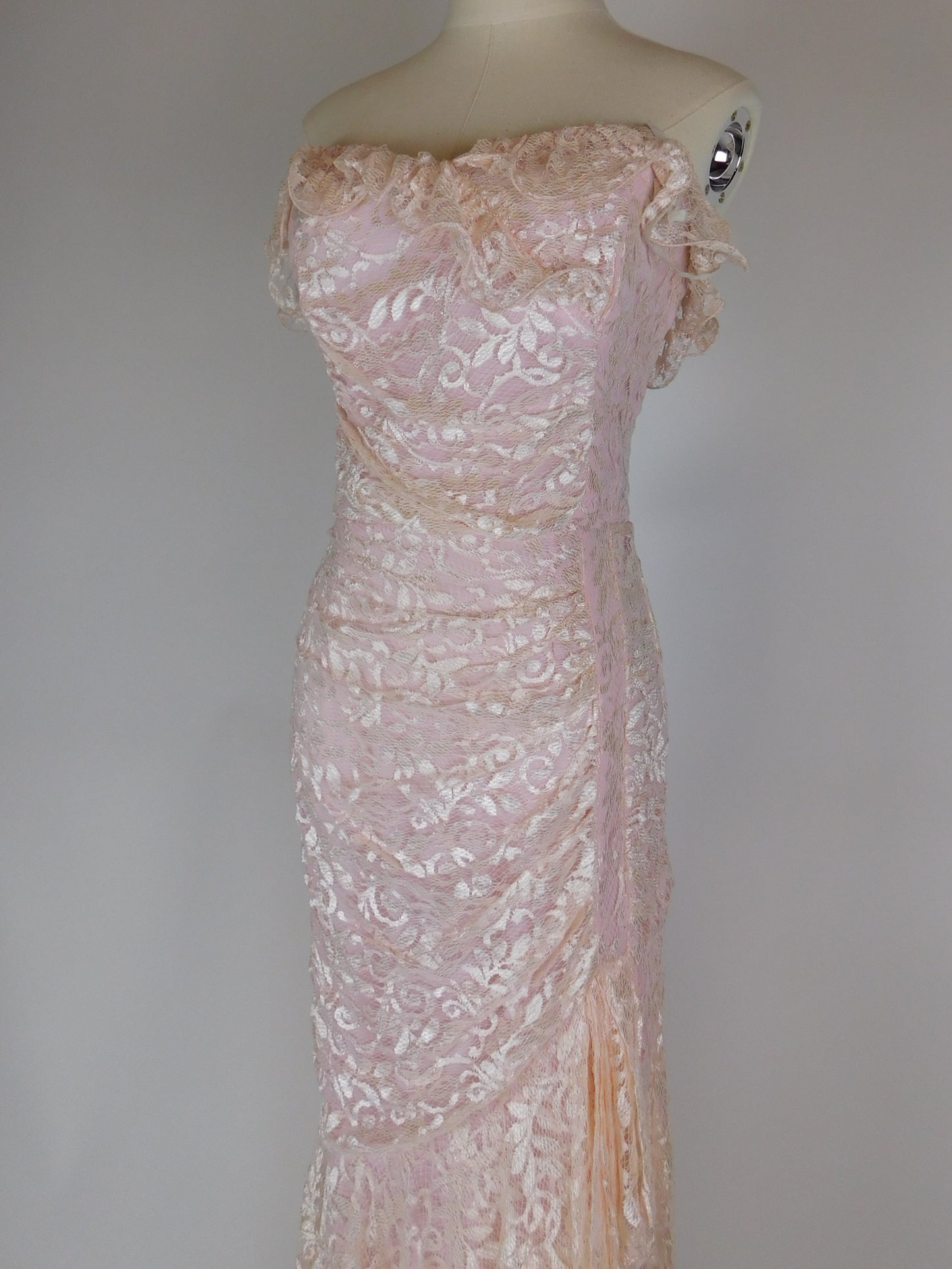 1980s Blush Pink Lace Off Shoulder Cocktail Dress
