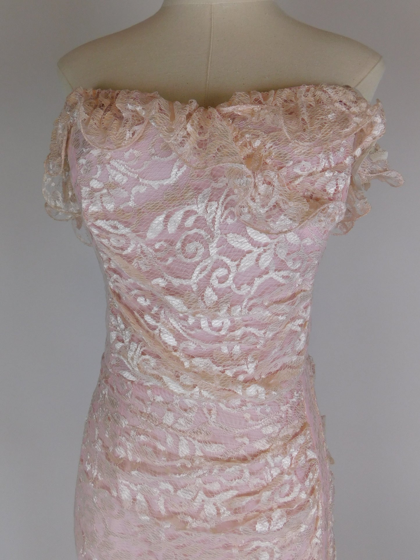 1980s Blush Pink Lace Off Shoulder Cocktail Dress