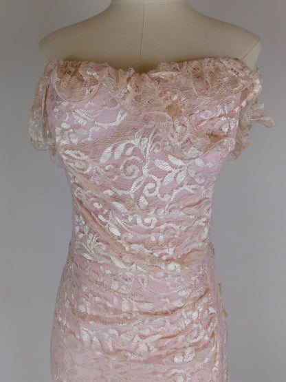 1980s Blush Pink Lace Off Shoulder Cocktail Dress