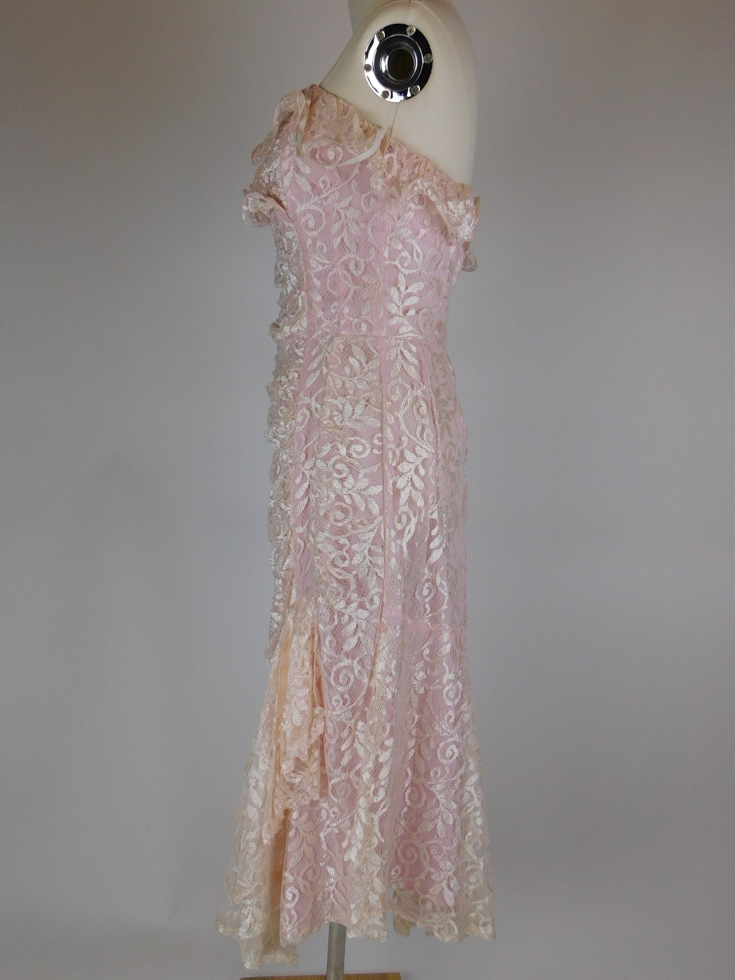 1980s Blush Pink Lace Off Shoulder Cocktail Dress