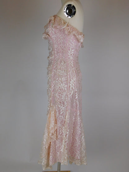 1980s Blush Pink Lace Off Shoulder Cocktail Dress