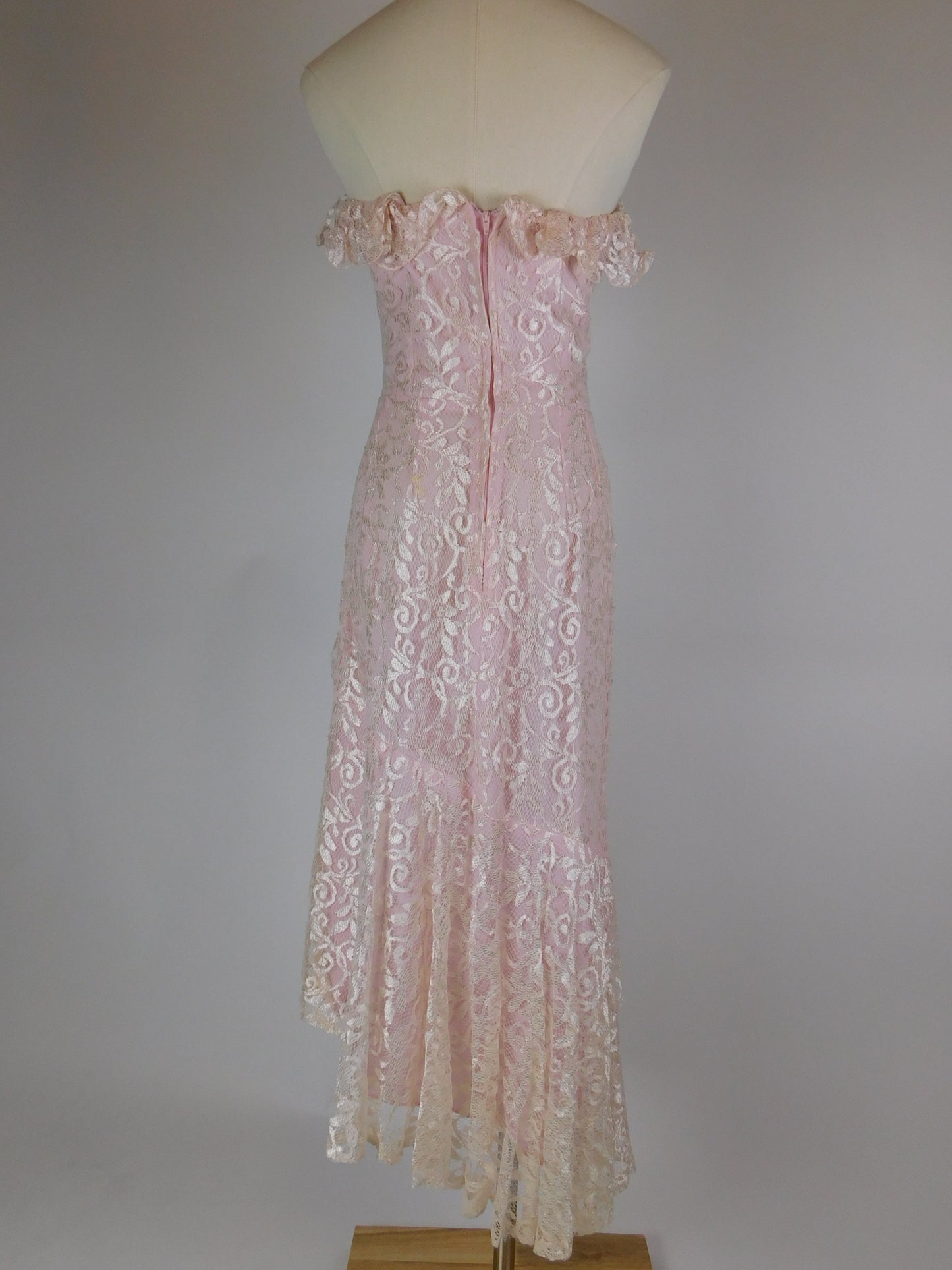 1980s Blush Pink Lace Off Shoulder Cocktail Dress