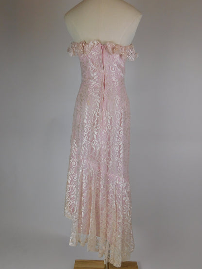 1980s Blush Pink Lace Off Shoulder Cocktail Dress