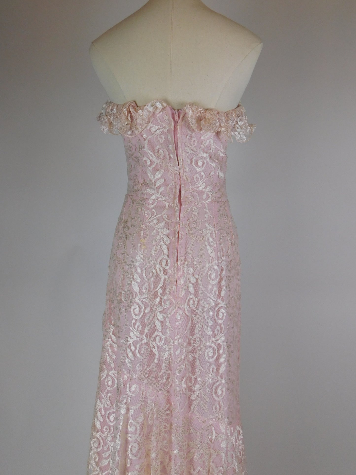 1980s Blush Pink Lace Off Shoulder Cocktail Dress