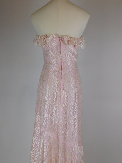 1980s Blush Pink Lace Off Shoulder Cocktail Dress