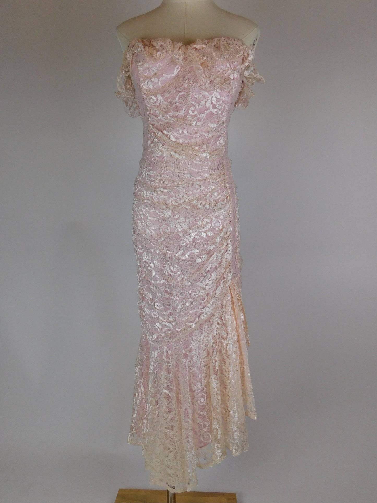 1980s Blush Pink Lace Off Shoulder Cocktail Dress