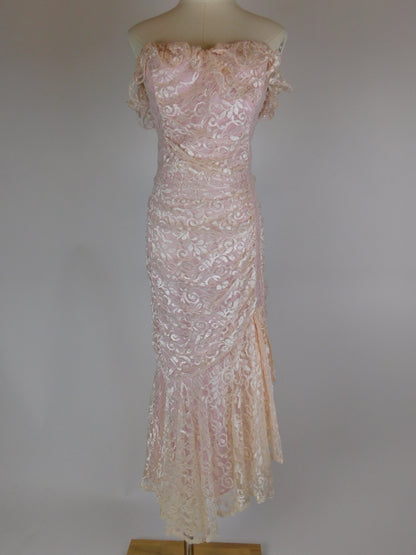 1980s Blush Pink Lace Off Shoulder Cocktail Dress