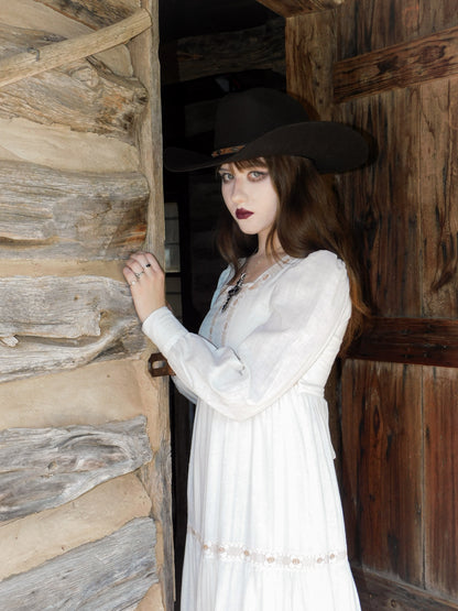 1970s Vintage White Prairie Gown Western Gothic Maxi Dress