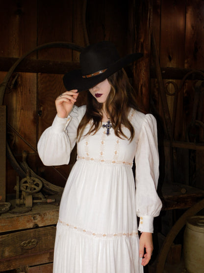 1970s Vintage White Prairie Gown Western Gothic Maxi Dress