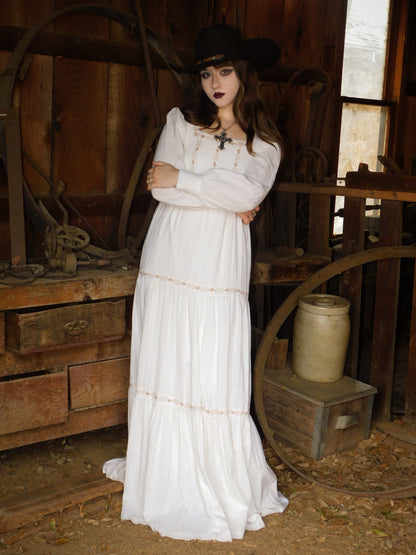 1970s Vintage White Prairie Gown Western Gothic Maxi Dress