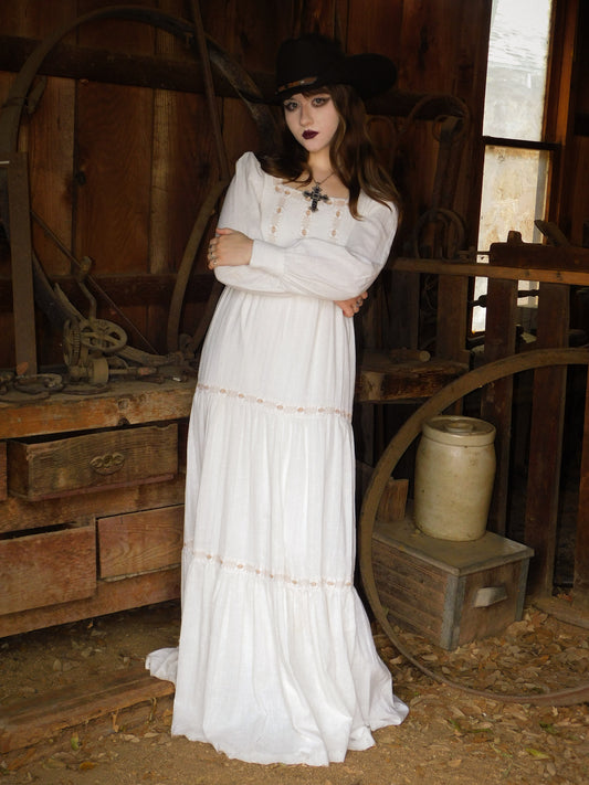 1970s Vintage White Prairie Gown Western Gothic Maxi Dress