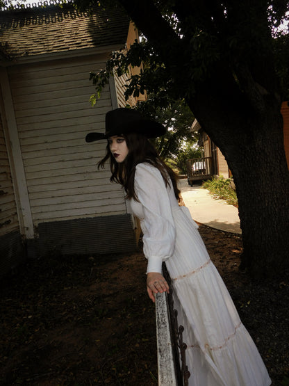 1970s Vintage White Prairie Gown Western Gothic Maxi Dress