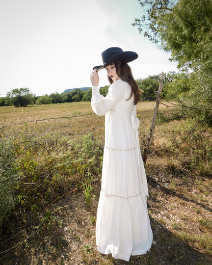 1970s Vintage White Prairie Gown Western Gothic Maxi Dress