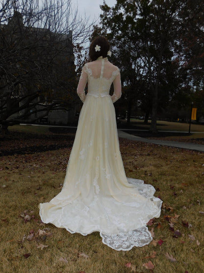 1960s Ivory Lace Wedding Dress with High Neck and Illusion Sleeves | Medieval Bridal Gown
