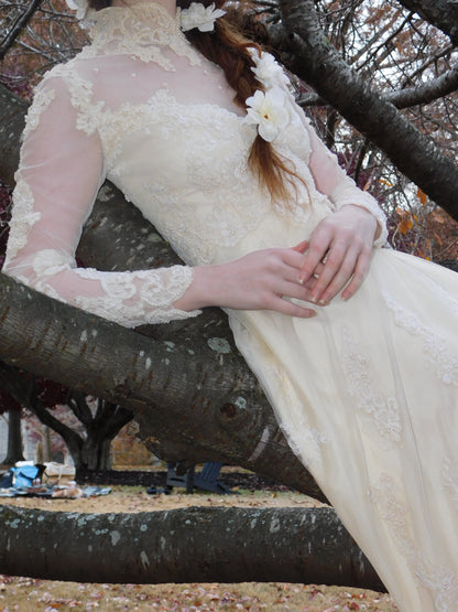 1960s Ivory Lace Wedding Dress with High Neck and Illusion Sleeves | Medieval Bridal Gown