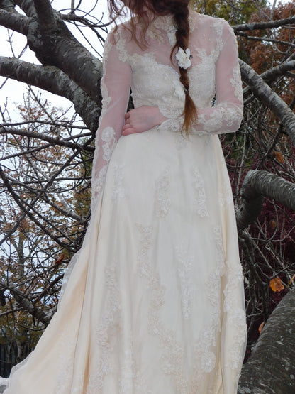 1960s Ivory Lace Wedding Dress with High Neck and Illusion Sleeves | Medieval Bridal Gown