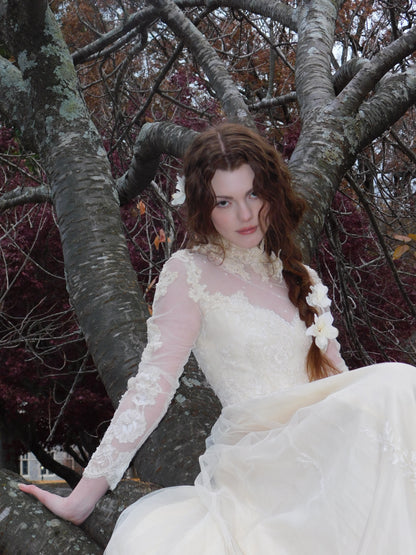 1960s Ivory Lace Wedding Dress with High Neck and Illusion Sleeves | Medieval Bridal Gown