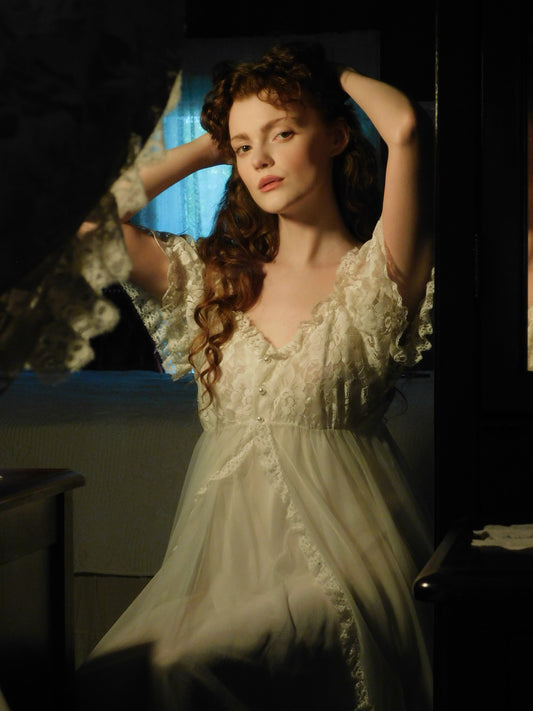 Vintage 1970s Bridal Peignoir Set in Sheer Chiffon and Lace with Removable Robe
