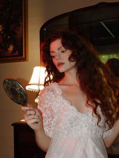 Vintage 1970s Bridal Peignoir Set in Sheer Chiffon and Lace with Removable Robe