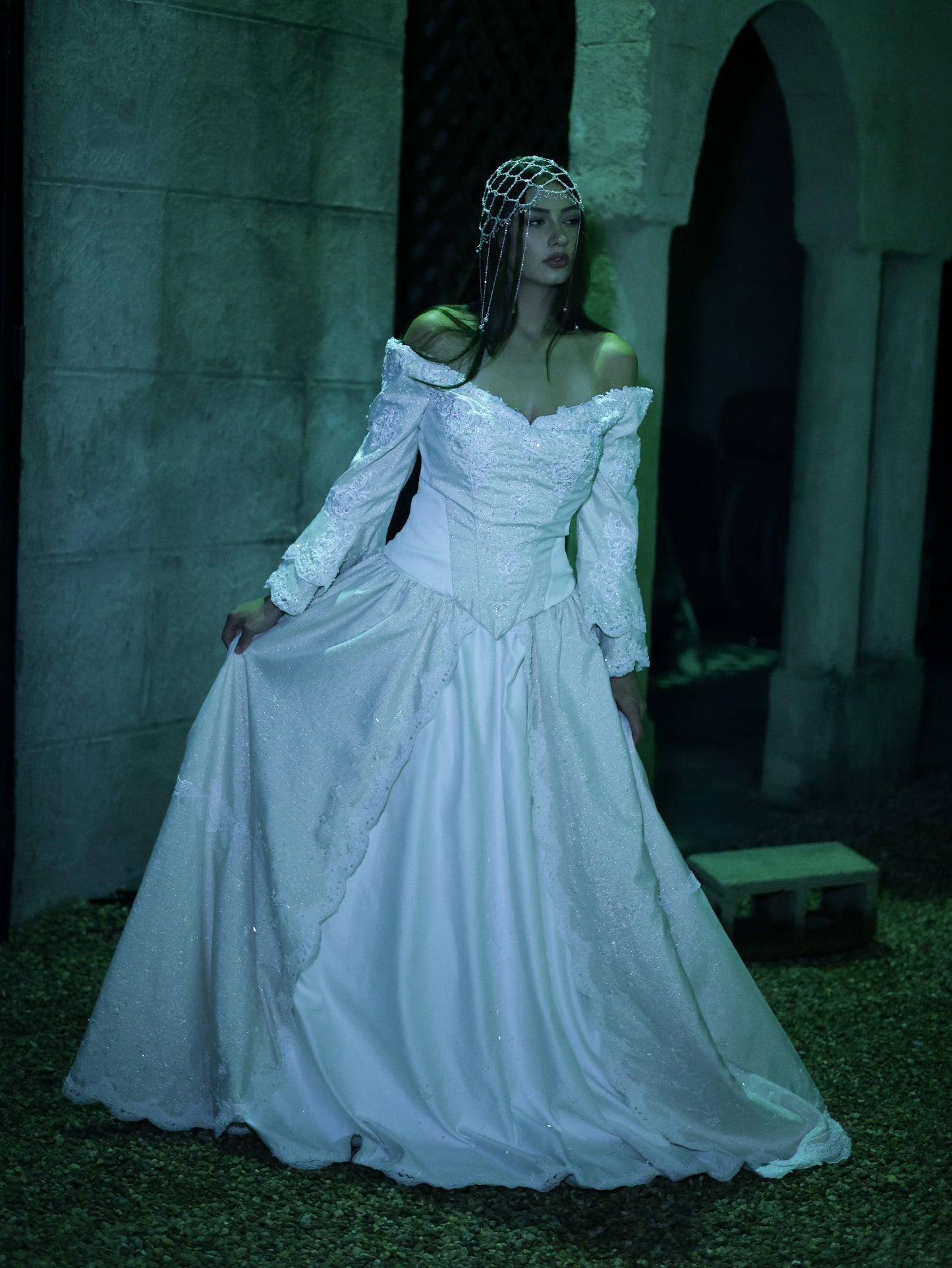 1980s Off-Shoulder Beaded Bridal Gown with Juliet Sleeves