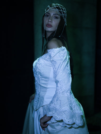 1980s Off-Shoulder Beaded Bridal Gown with Juliet Sleeves