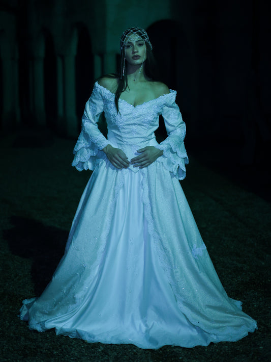 1980s Off-Shoulder Beaded Bridal Gown with Juliet Sleeves