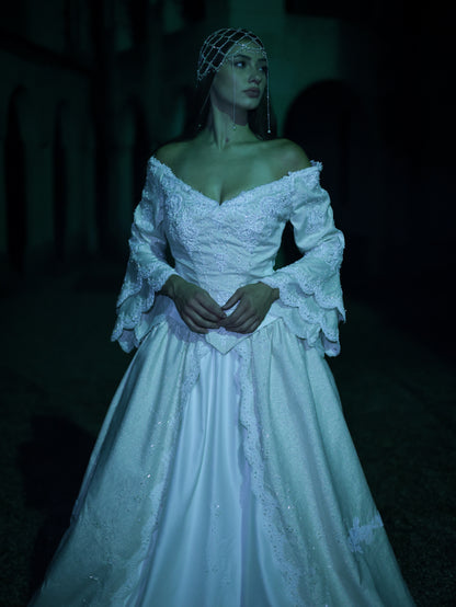 1980s Off-Shoulder Beaded Bridal Gown with Juliet Sleeves