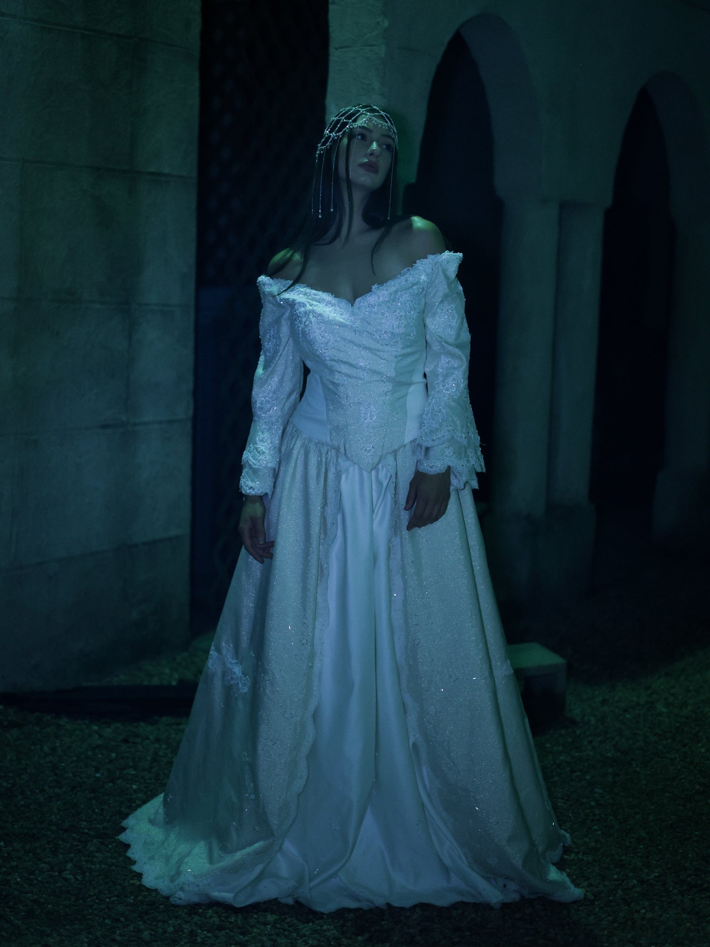 1980s Off-Shoulder Beaded Bridal Gown with Juliet Sleeves