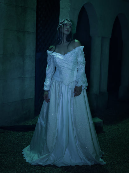 1980s Off-Shoulder Beaded Bridal Gown with Juliet Sleeves