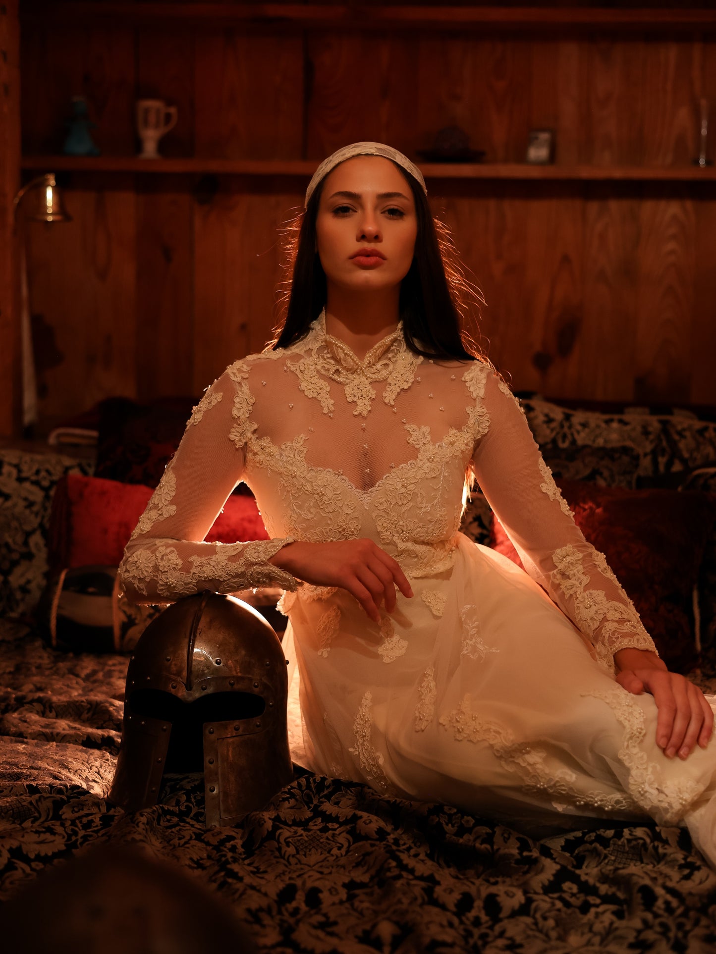 1960s Ivory Lace Wedding Dress with High Neck and Illusion Sleeves | Medieval Bridal Gown