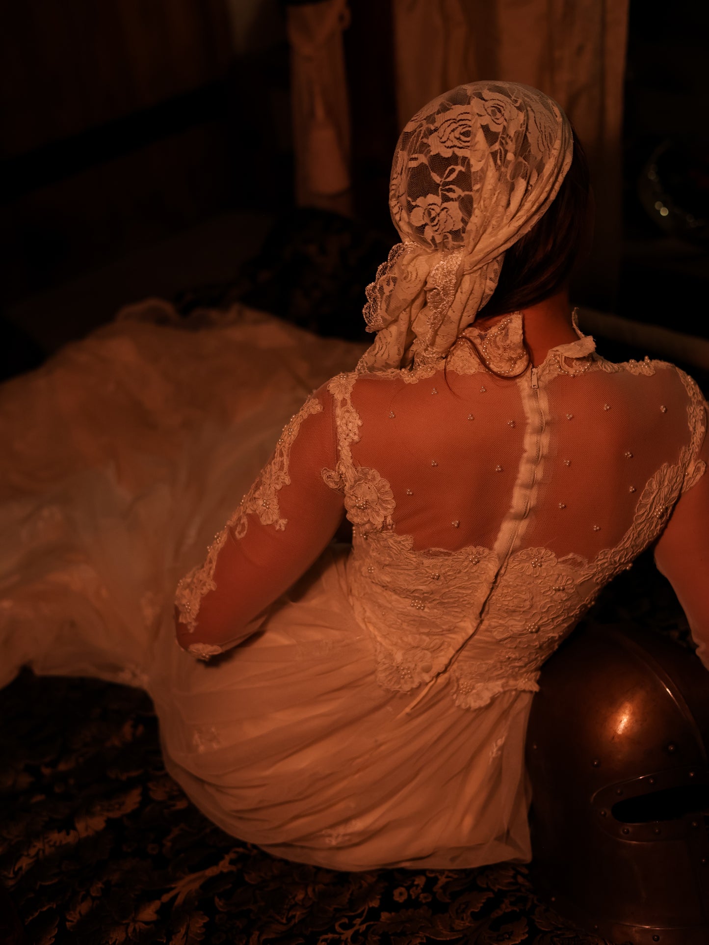 1960s Ivory Lace Wedding Dress with High Neck and Illusion Sleeves | Medieval Bridal Gown